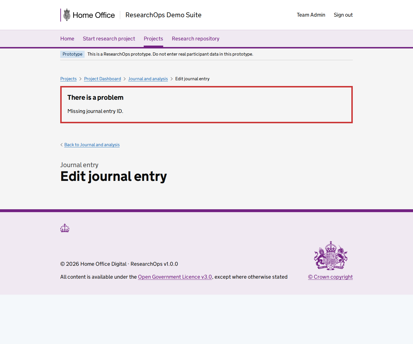 Screenshot of Edit journal entry in the Missing journal entry ID error state for Desktop.