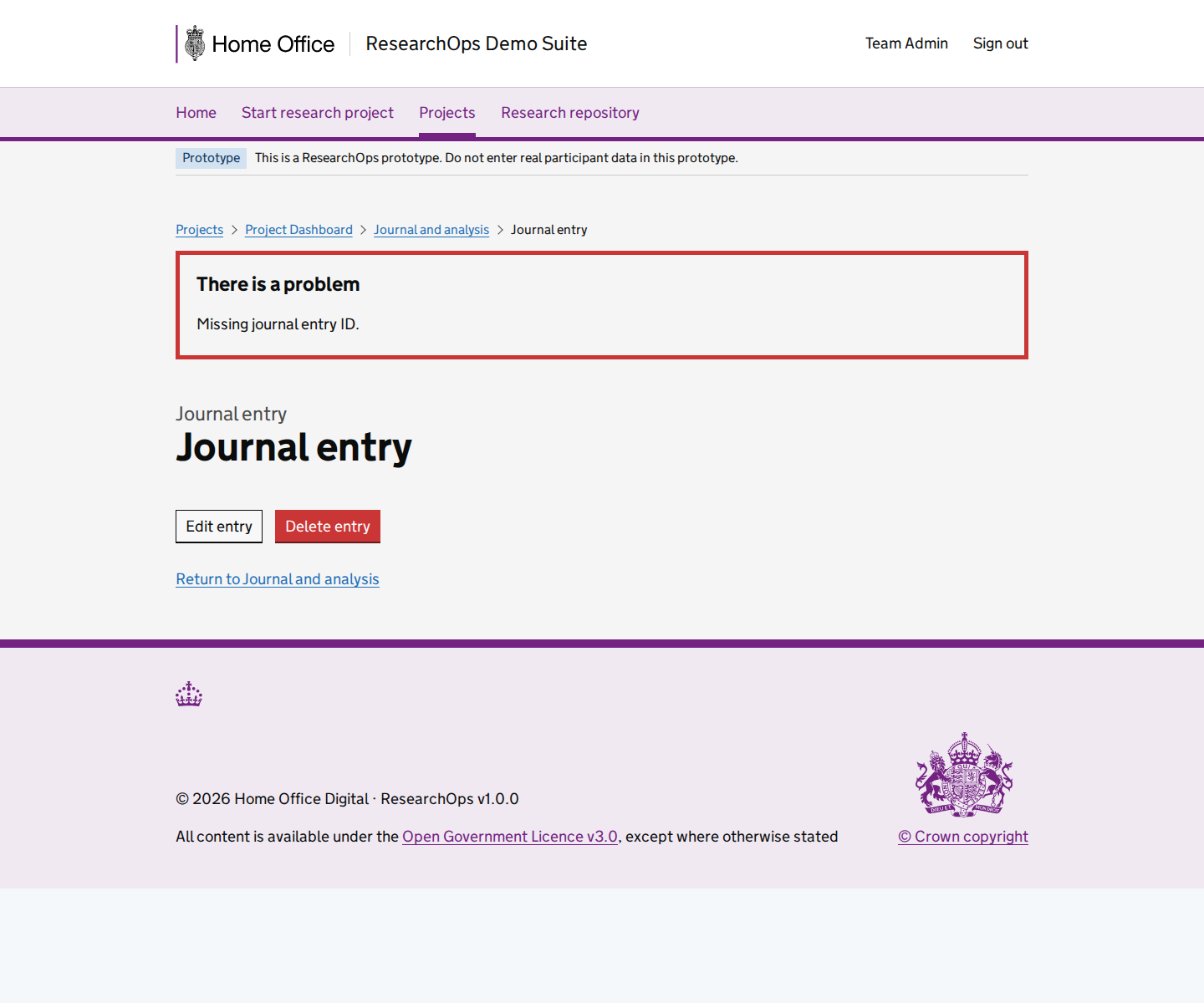 Screenshot of Journal entry in the Missing journal entry ID error state for Desktop.