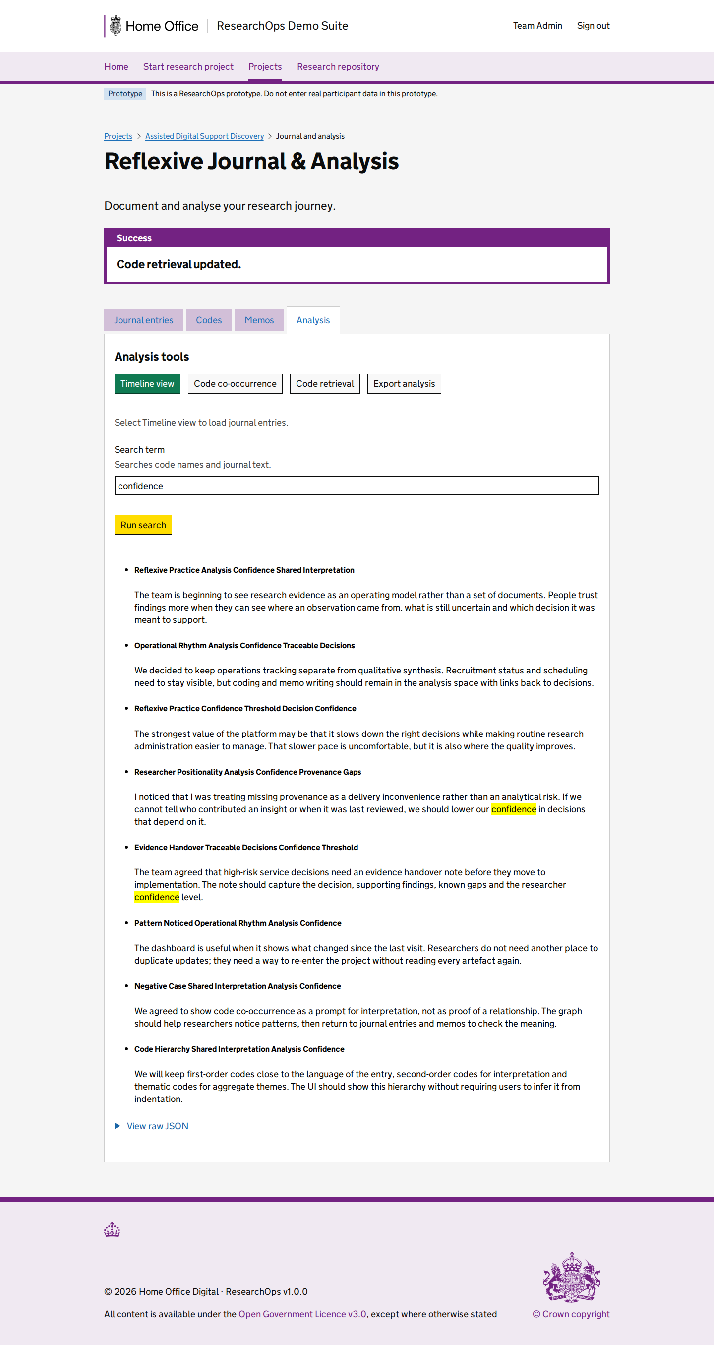 Screenshot of Project journals in the Analysis code retrieval state for Desktop.