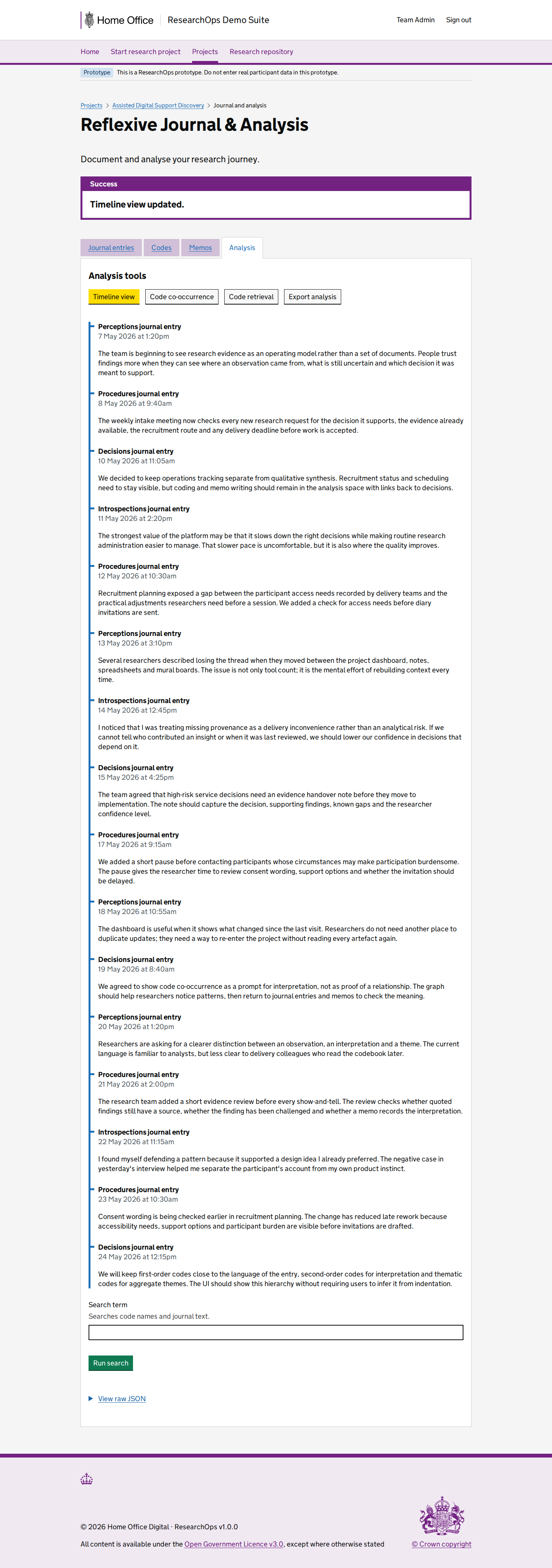 Screenshot of Project journals in the Analysis timeline with realistic journal entries state for Desktop.