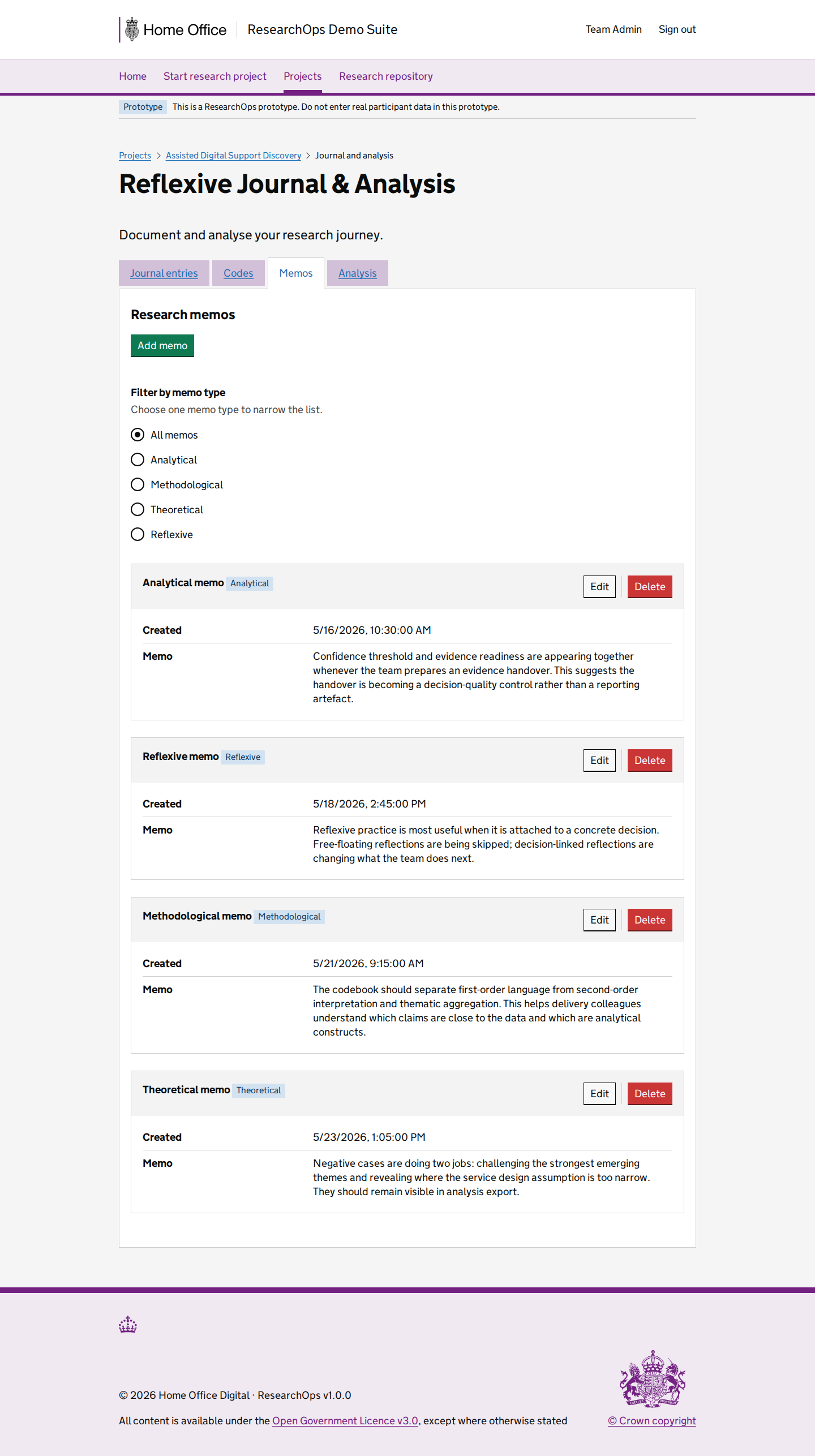 Screenshot of Project journals in the Memos with realistic data state for Desktop.
