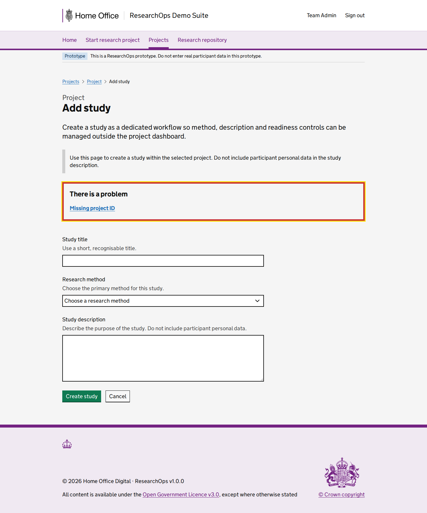 Screenshot of Add study in the Missing project ID error state for Desktop.