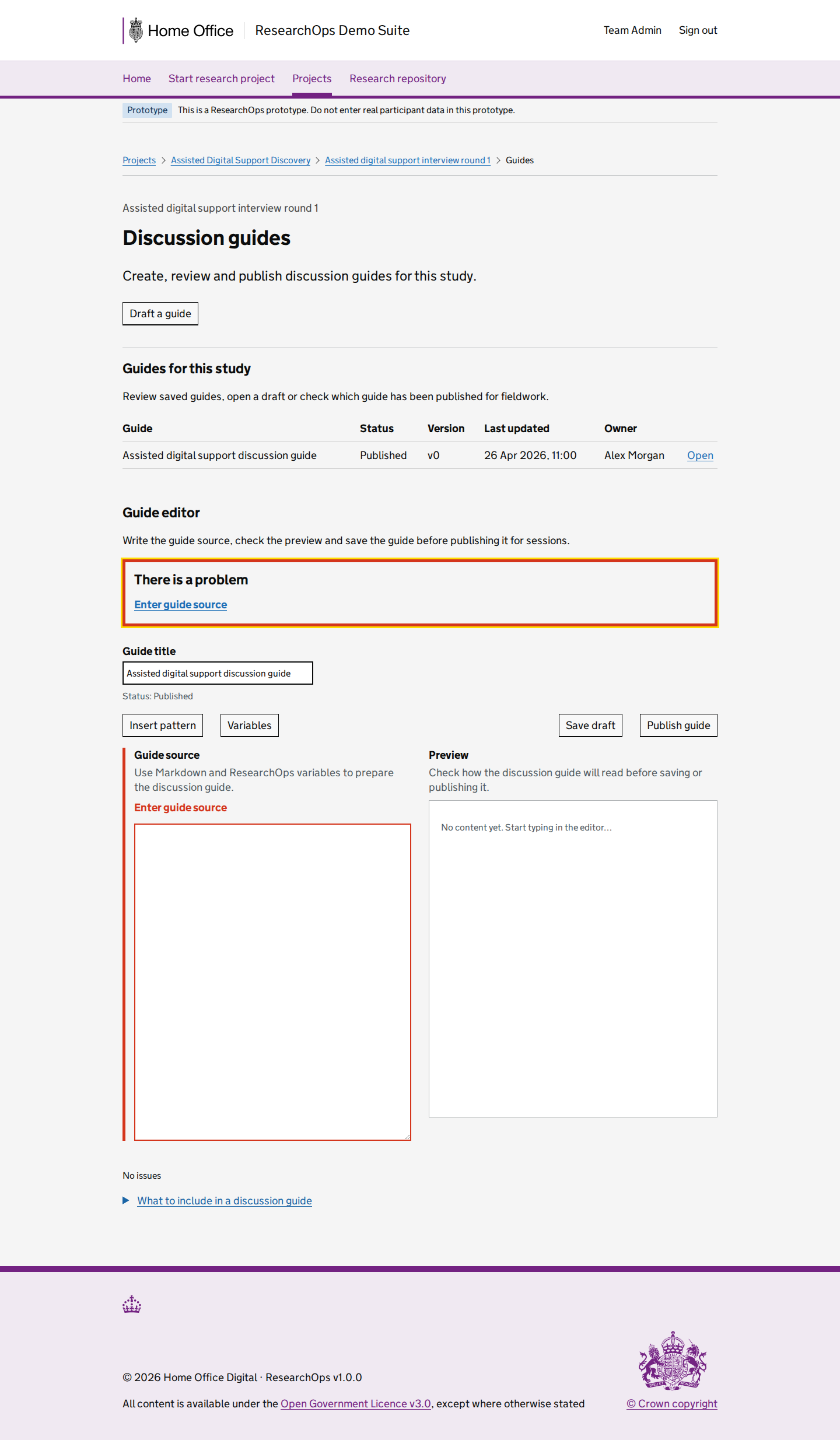 Screenshot of Discussion guides in the Empty guide source validation state for Desktop.