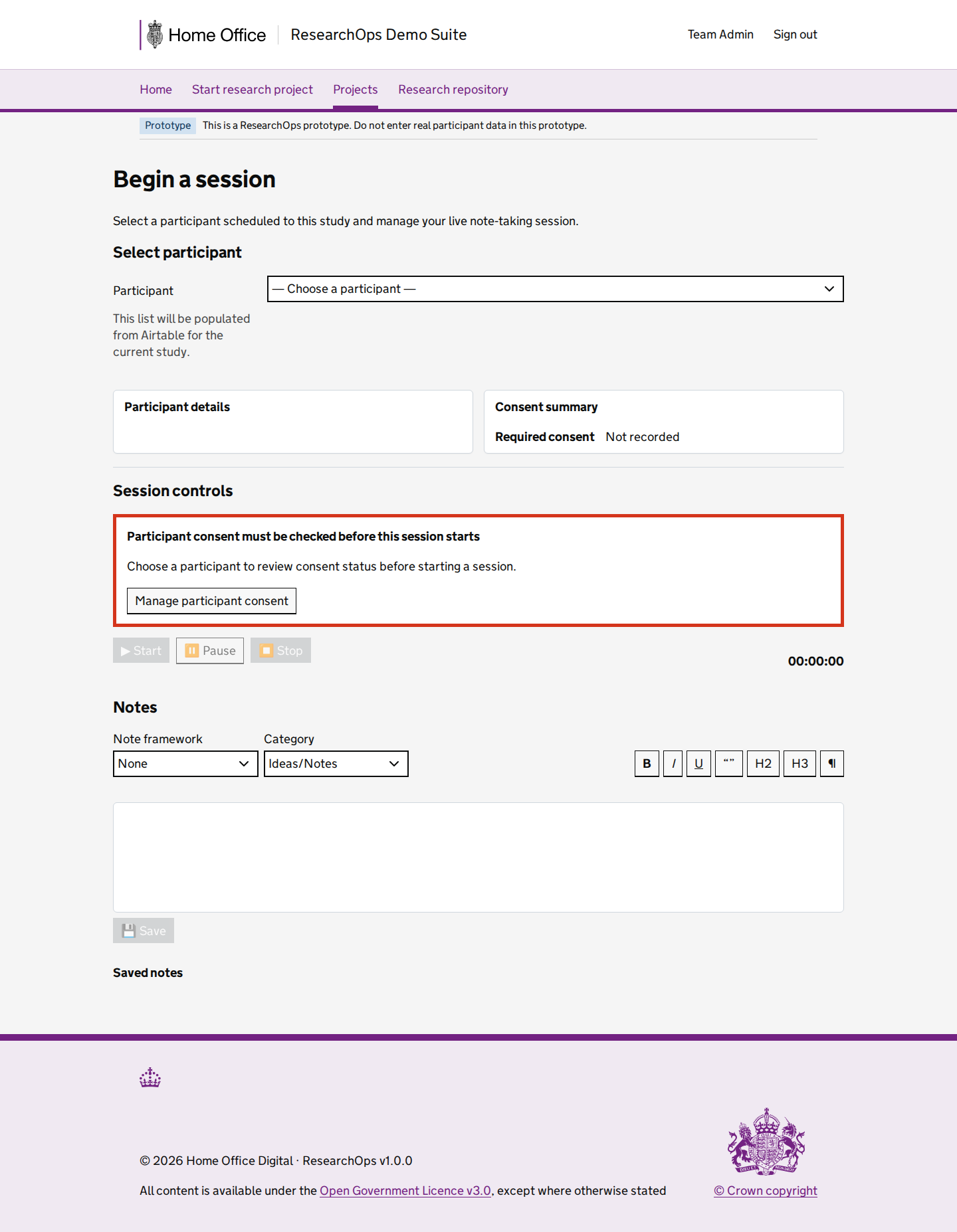 Screenshot of Study session in the Participant consent gate state for Desktop.