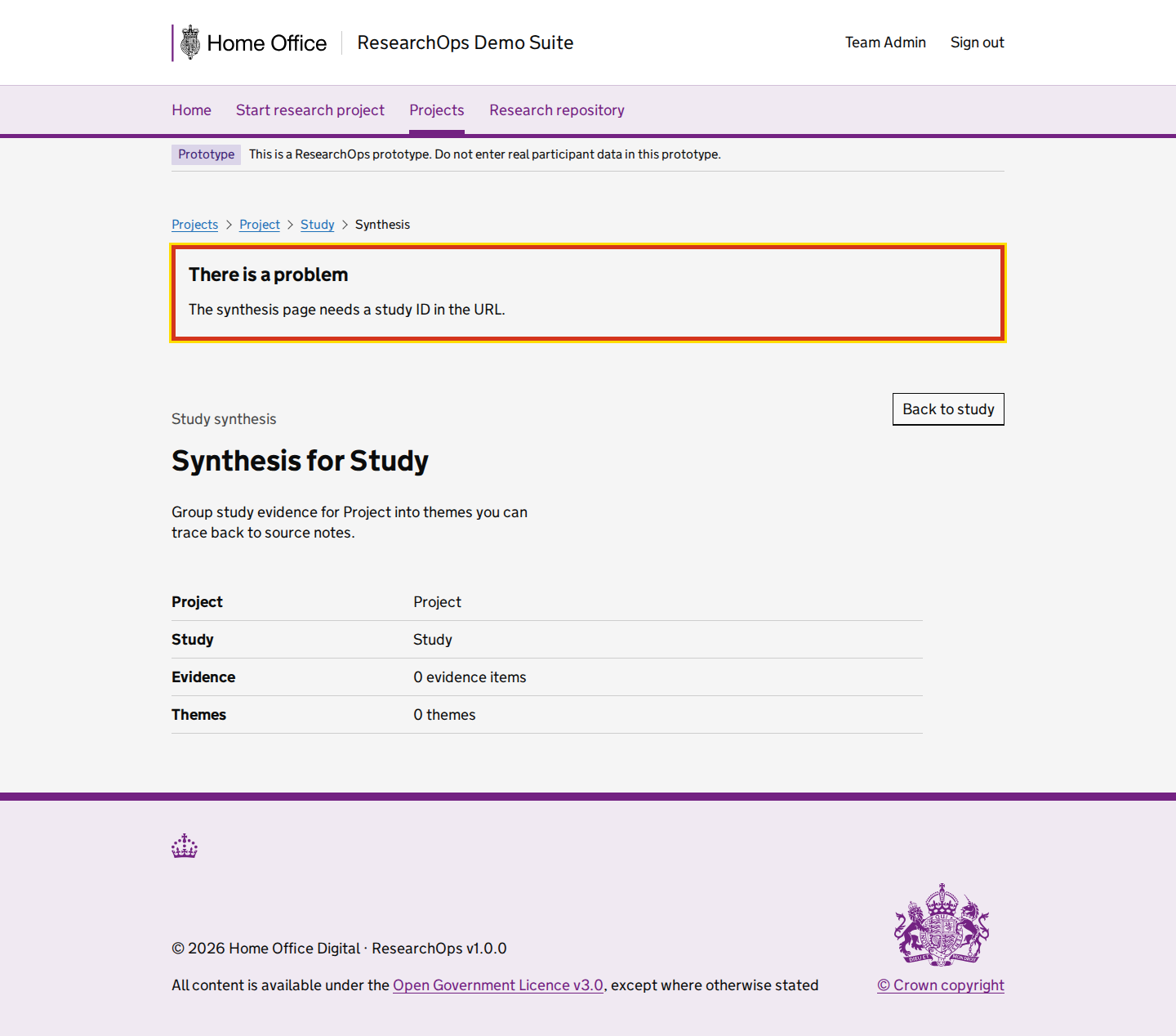 Screenshot of Study synthesis in the Missing study ID error state state for Desktop.