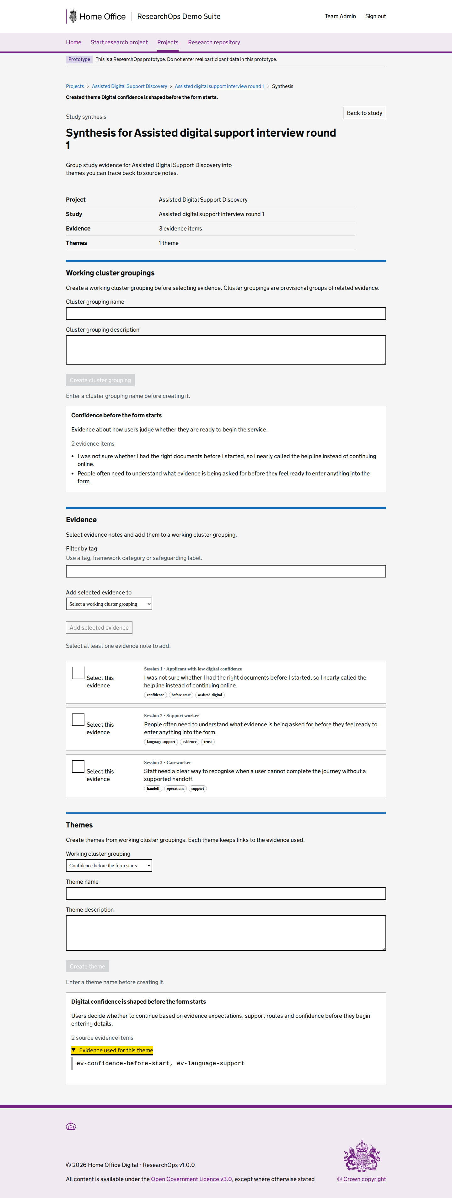 Screenshot of Study synthesis in the Theme created with evidence traceability state for Desktop.