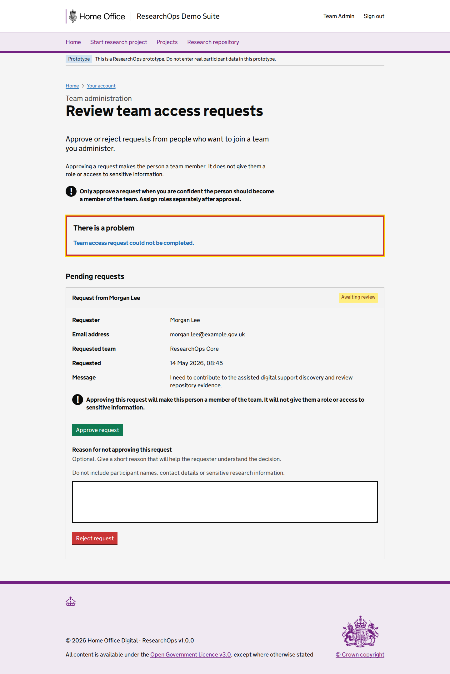 Screenshot of Review team access requests in the Team access decision error state for Desktop.