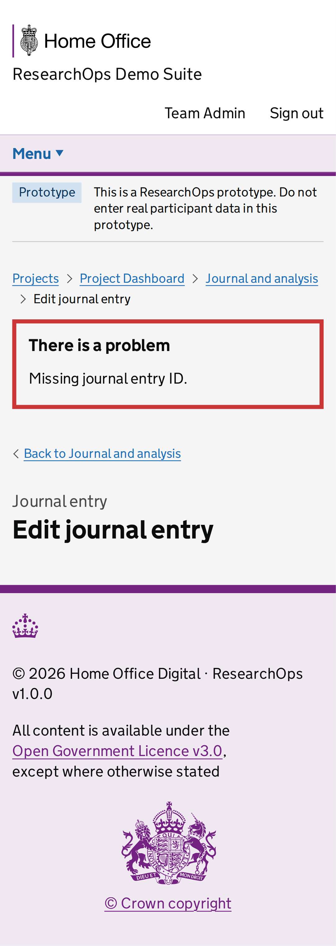 Screenshot of Edit journal entry in the Missing journal entry ID error state for Mobile.