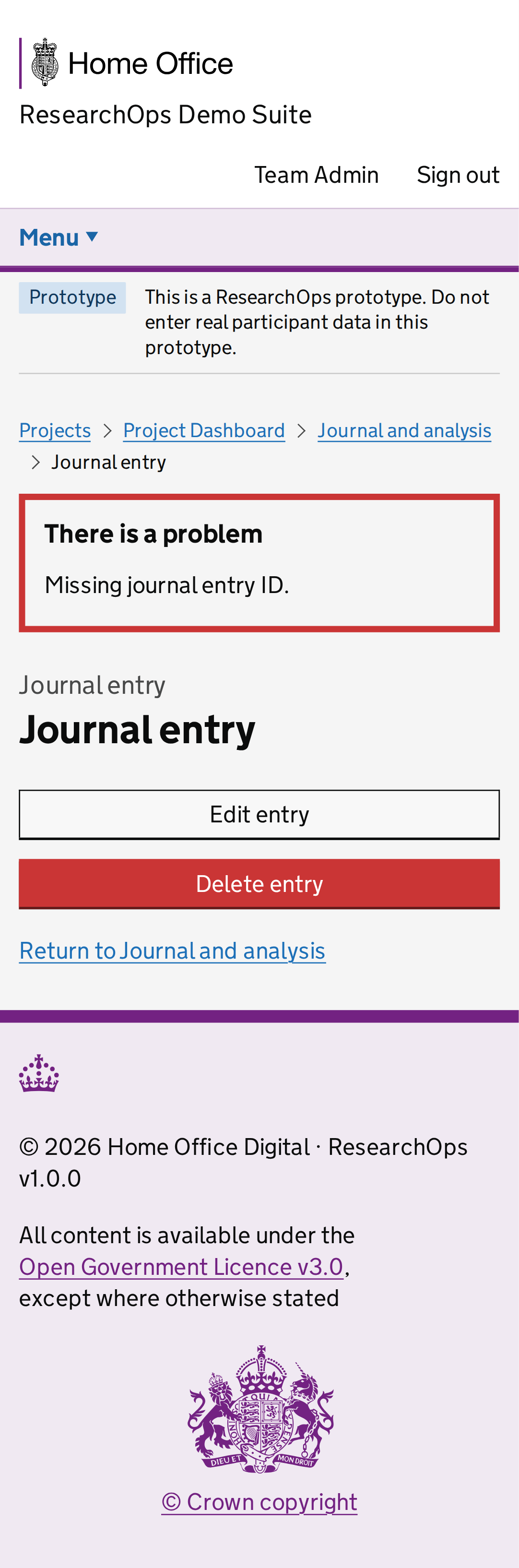 Screenshot of Journal entry in the Missing journal entry ID error state for Mobile.
