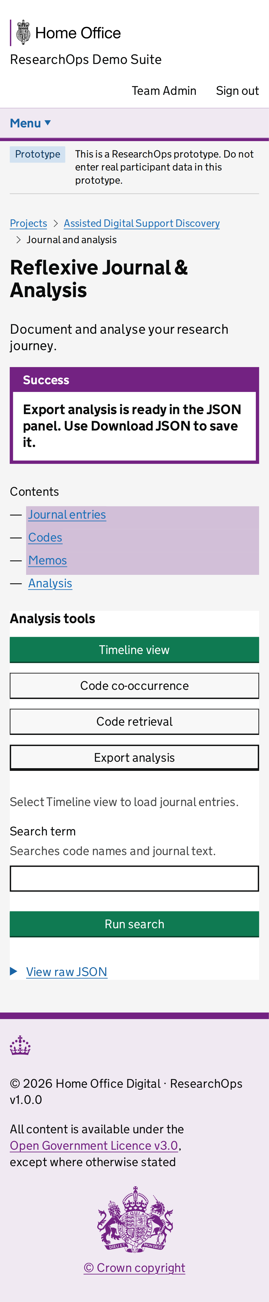 Screenshot of Project journals in the Analysis export state for Mobile.