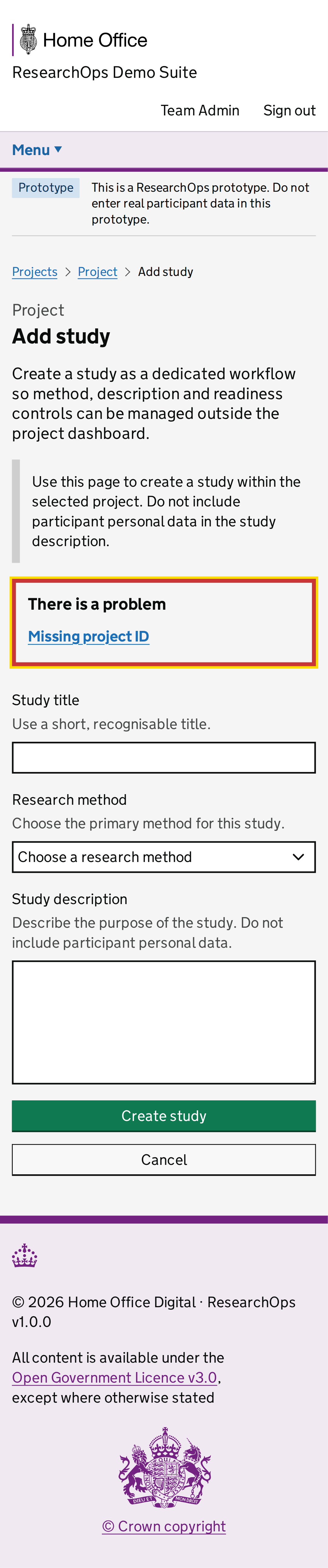 Screenshot of Add study in the Missing project ID error state for Mobile.