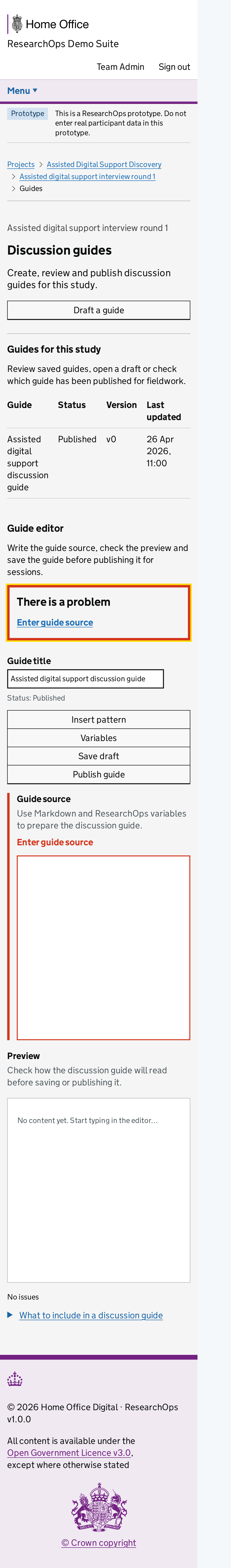 Screenshot of Discussion guides in the Empty guide source validation state for Mobile.
