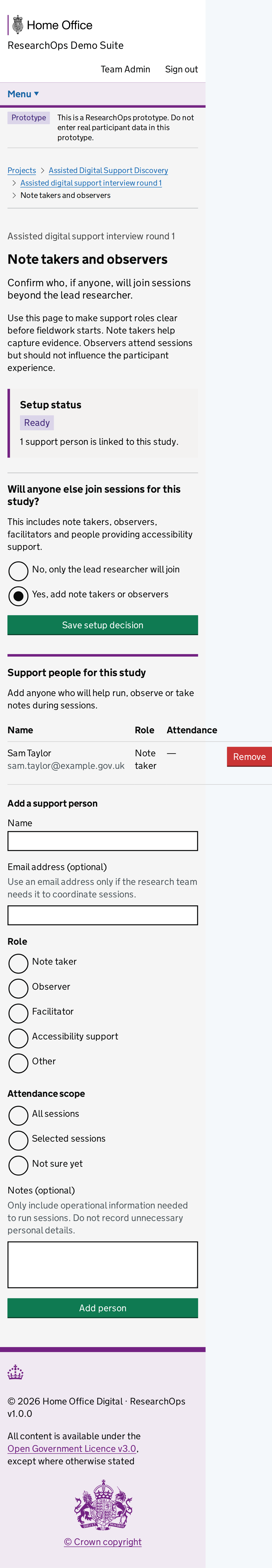 Screenshot of Note takers and observers in the Note takers and observers with study context state for Mobile.