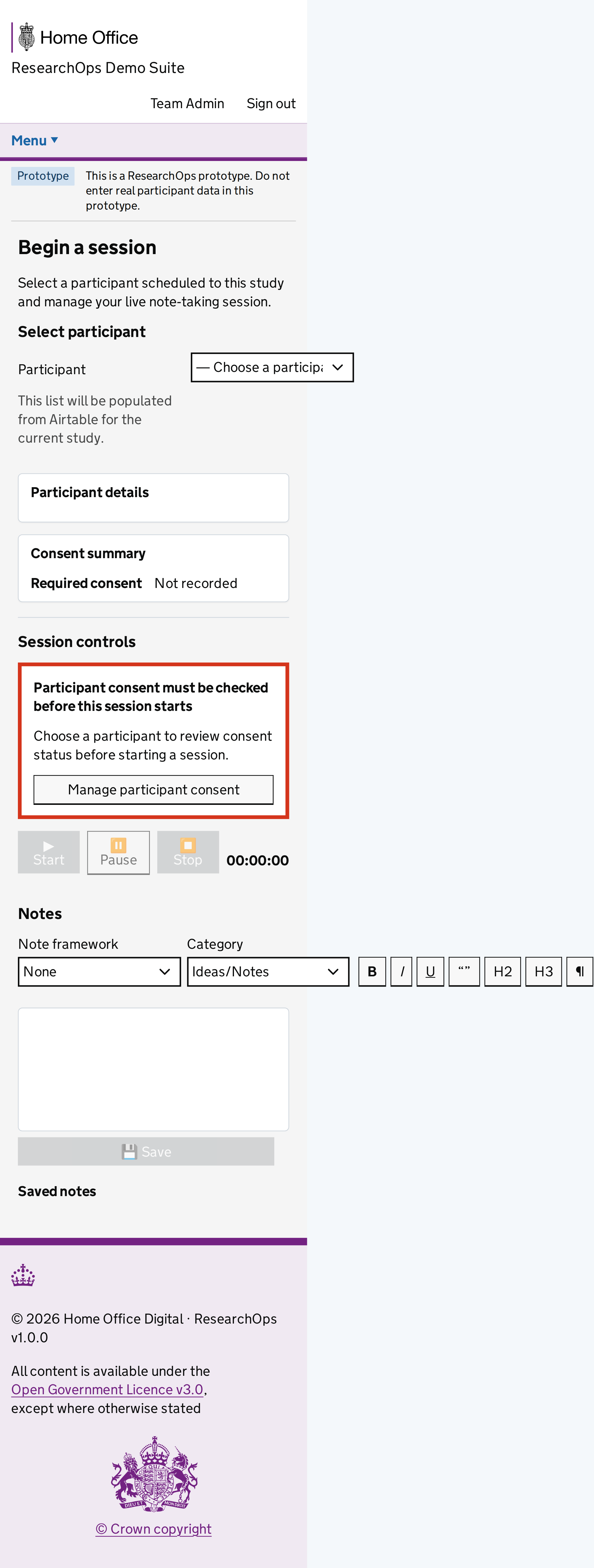 Screenshot of Study session in the Participant consent gate state for Mobile.