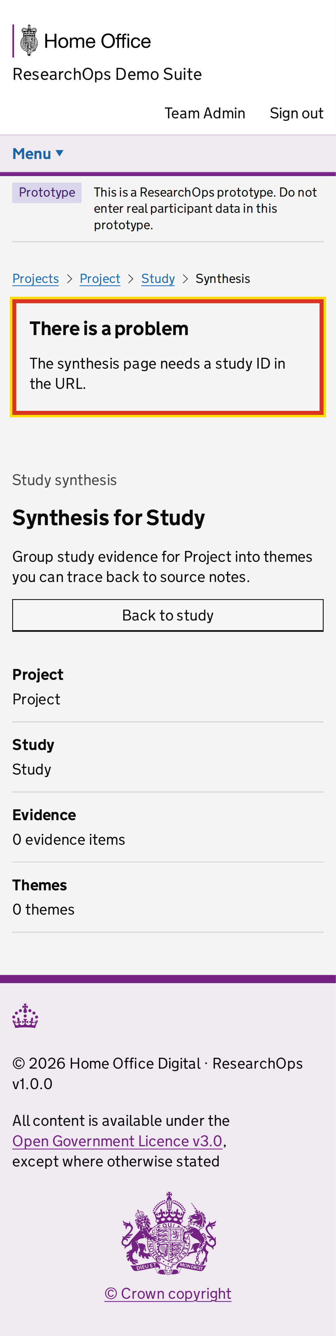Screenshot of Study synthesis in the Missing study ID error state state for Mobile.