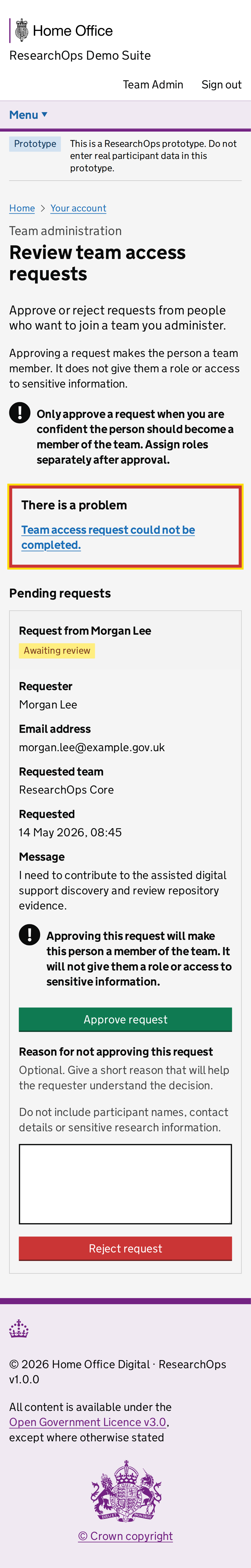 Screenshot of Review team access requests in the Team access decision error state for Mobile.